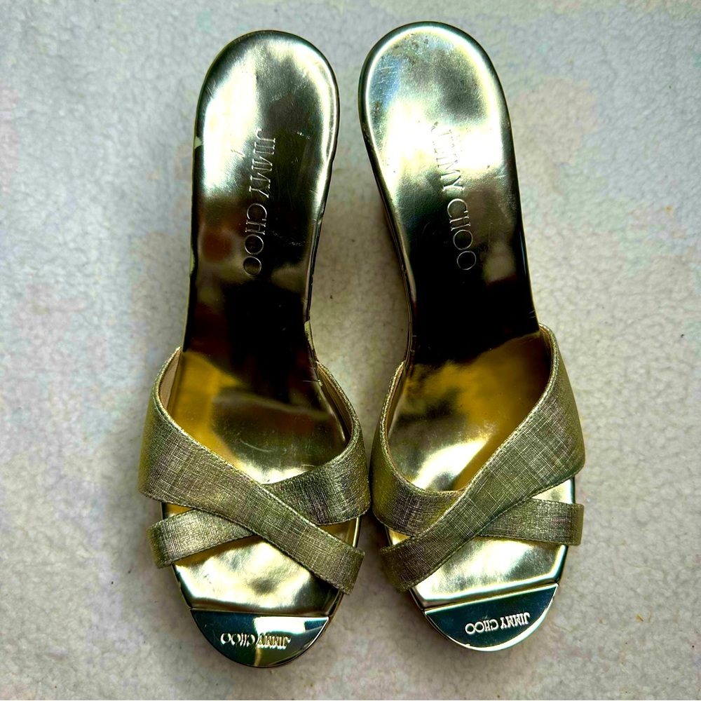 *JIMMY CHOO* Metallic Gold Prima Cork Wedge Platform Slide Sandals Size …